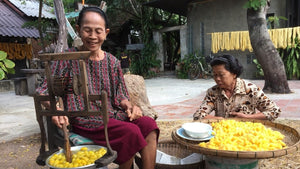 Image shows sustainable silk production process. Two women are preparing the silk cocoons for hand-spinning at their small-scale sericulture farm.