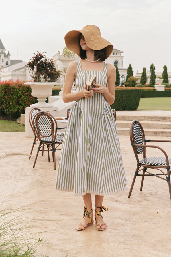 The Olivia Midi Dress in Green-White Stripe