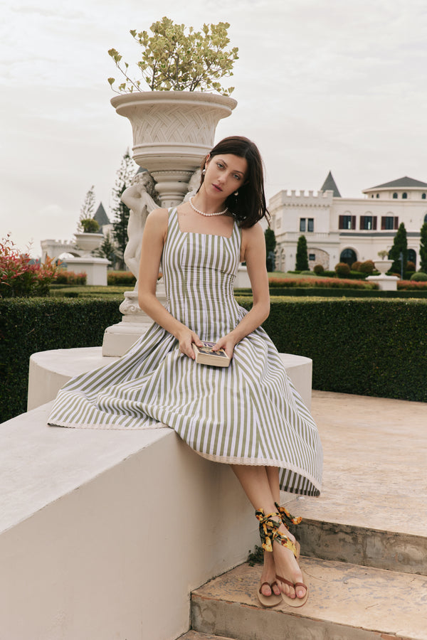 The Olivia Midi Dress in Green-White Stripe