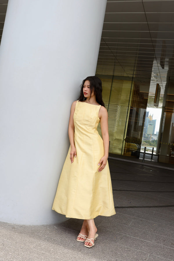 The Amilie Midi Dress in Mulberry Silk - Yellow