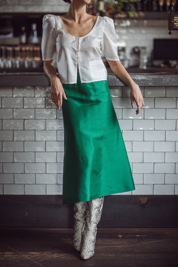 The Alexis Midi Skirt in Green Silk