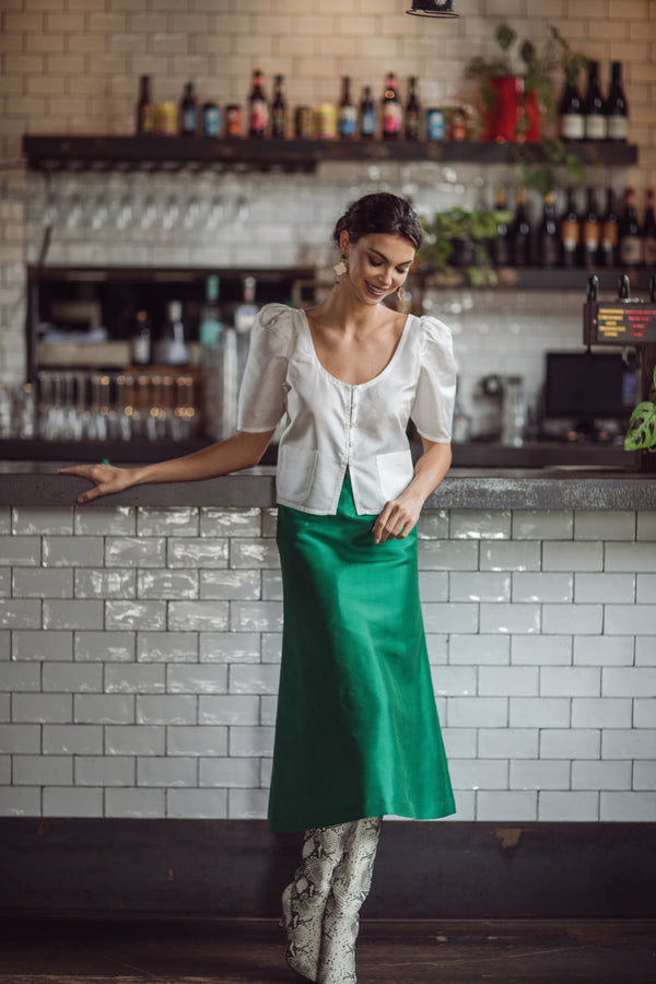 The Alexis Midi Skirt in Green Silk