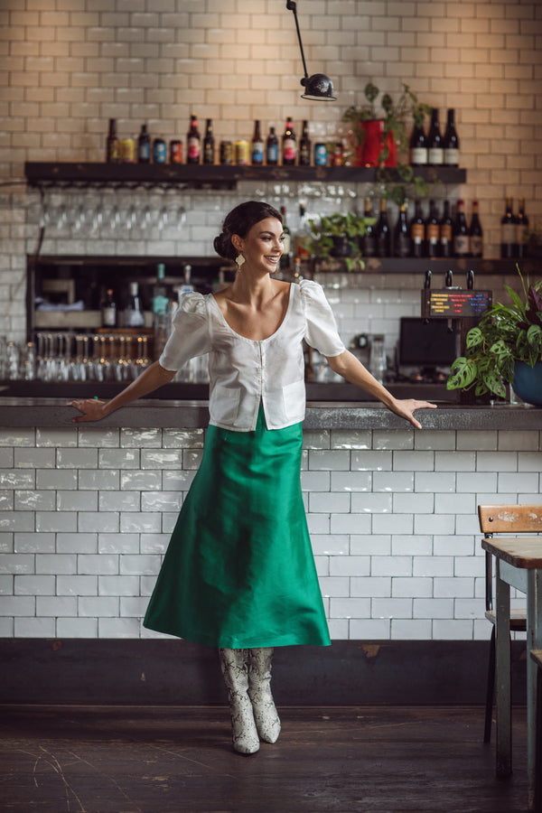 The Alexis Midi Skirt in Green Silk