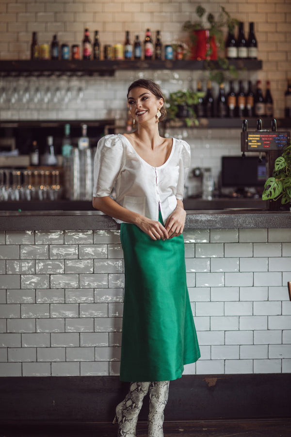 The Alexis Midi Skirt in Green Silk