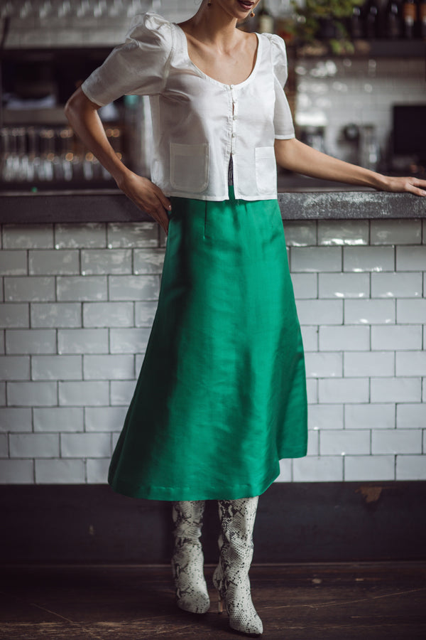 The Alexis Midi Skirt in Green Silk