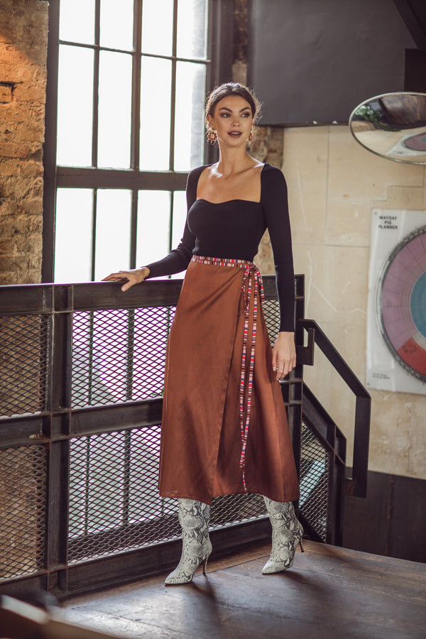 The Lalisa Silk Midi Skirt in Burnt Henna UK