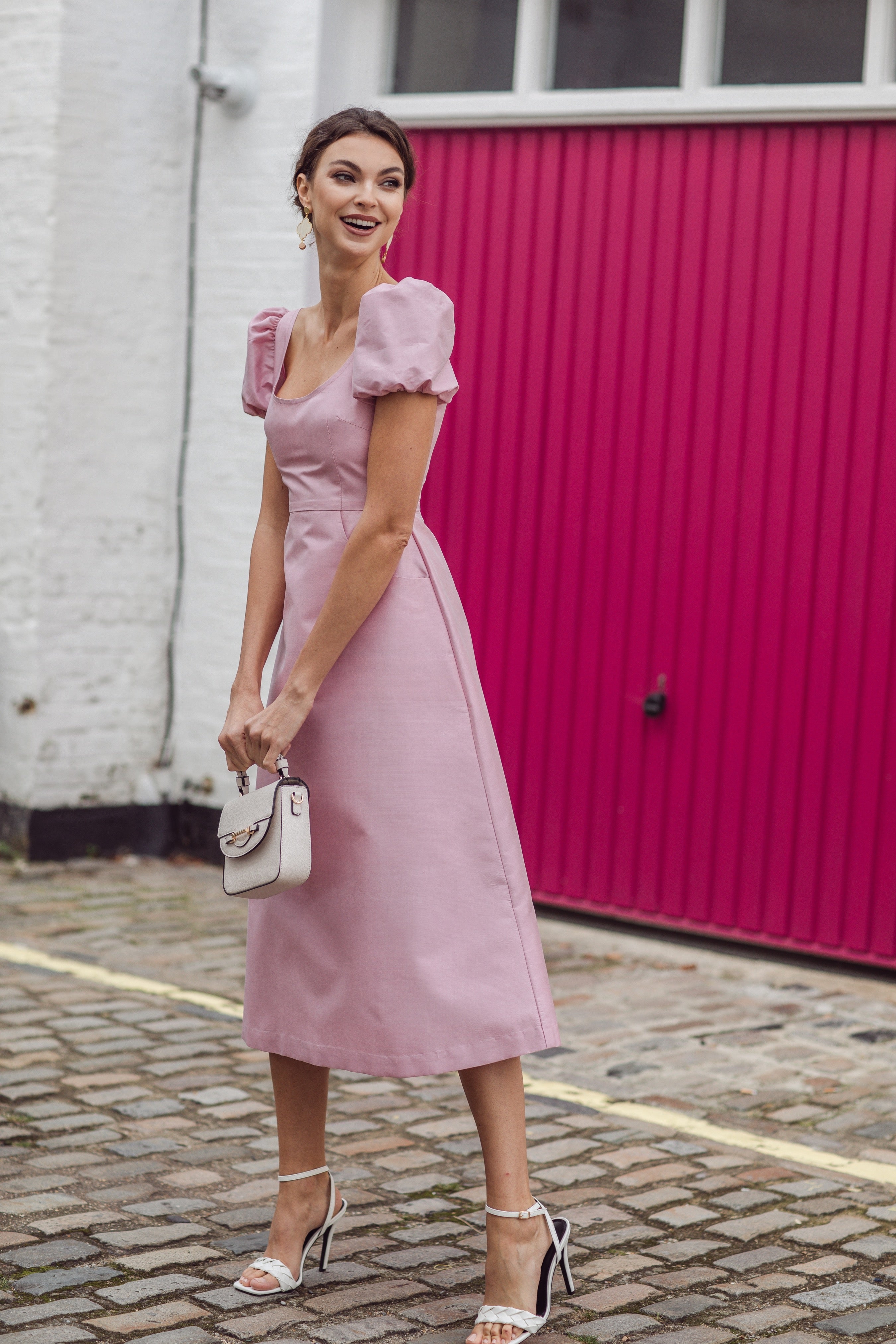 Pink silk midi dress hot sale