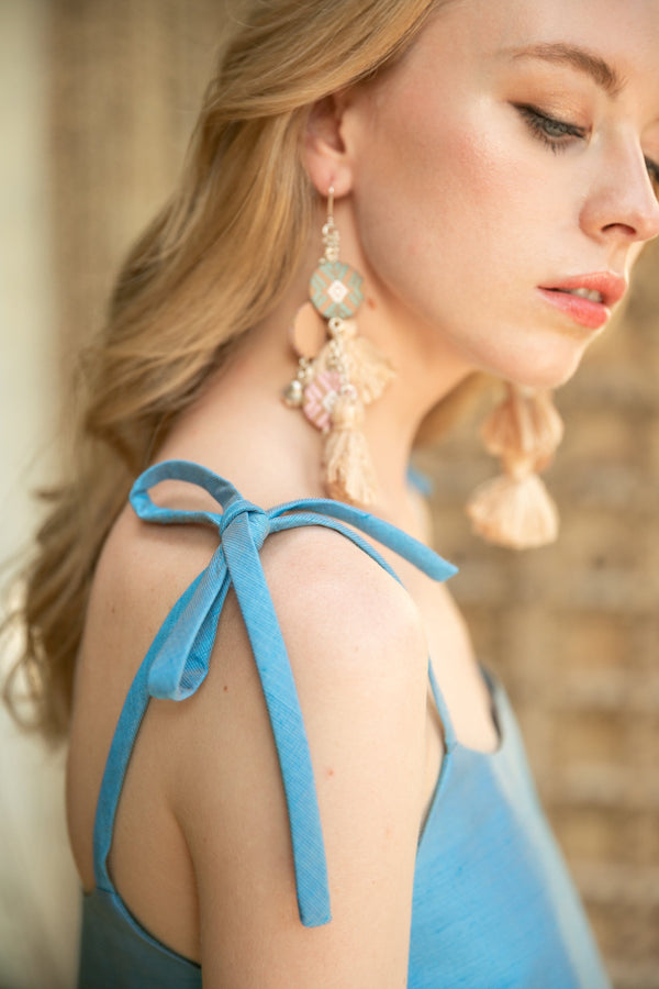 Close up of top of The Dawn Co Ord Set in sky blue showing the adjustable shoulder ties. The silk two piece set can be worn together or individually - Rare & Fair.